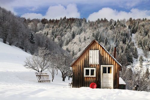 a cottage in snow
